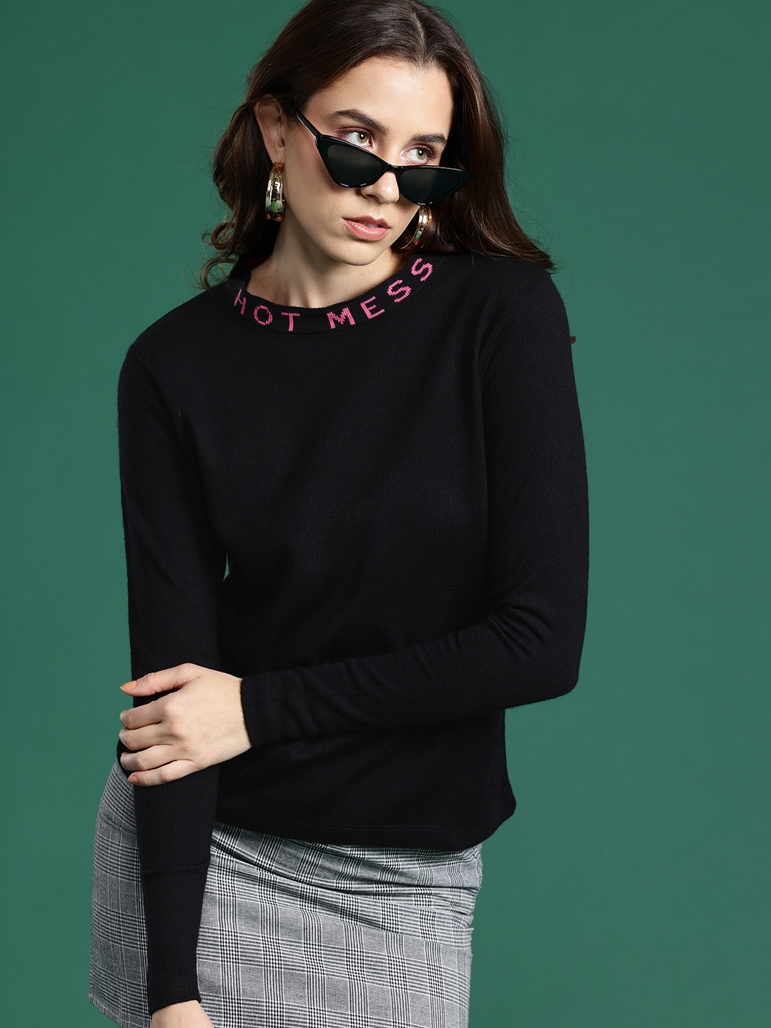 

DressBerry Typography Detailed Acrylic Pullover, Black