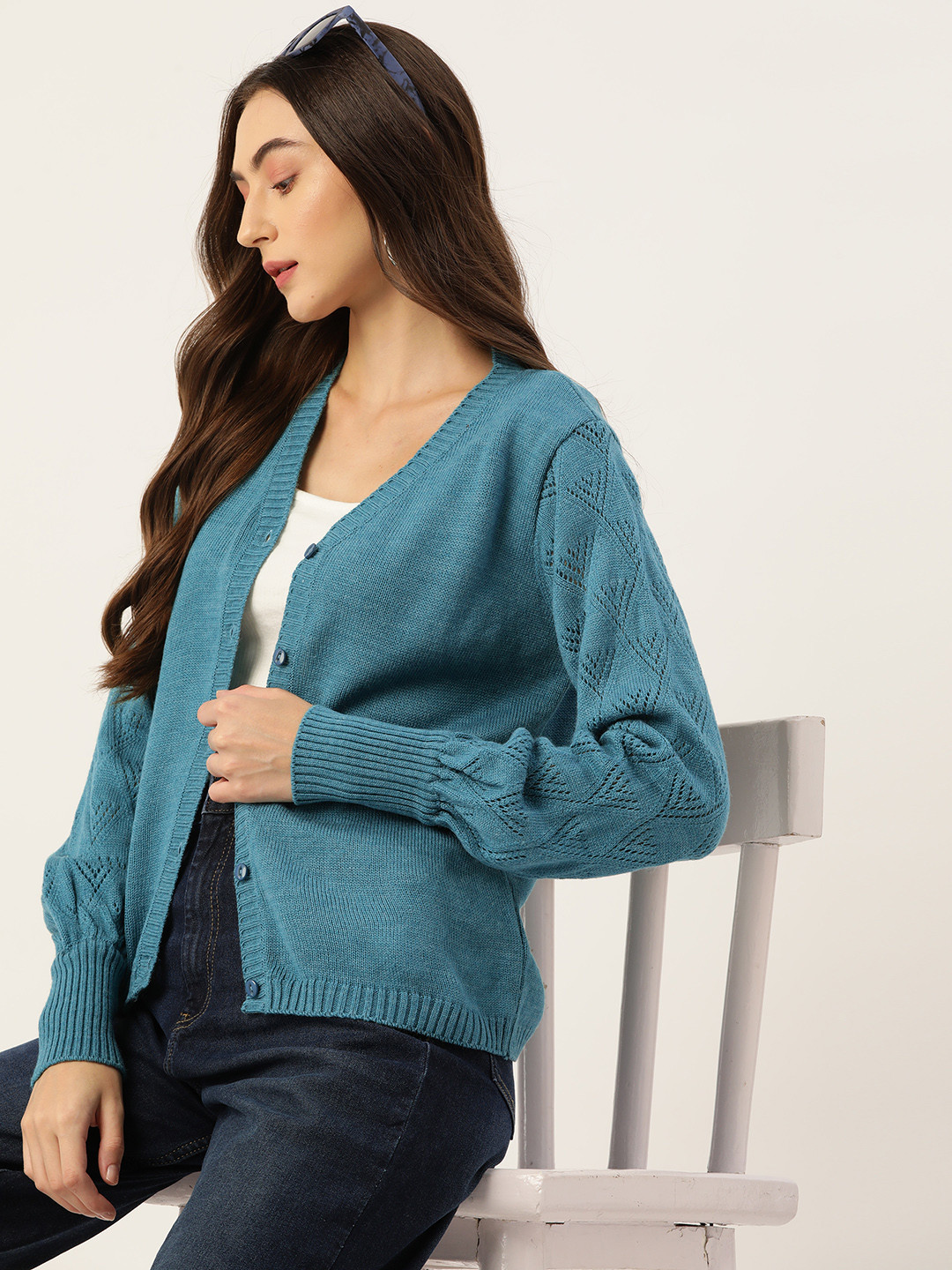 

DressBerry Open-Knit Puff Sleeves Acrylic Cardigan, Blue