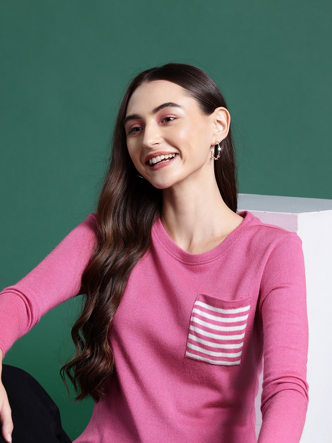 

DressBerry Striped Pocket Detail Pullover, Pink