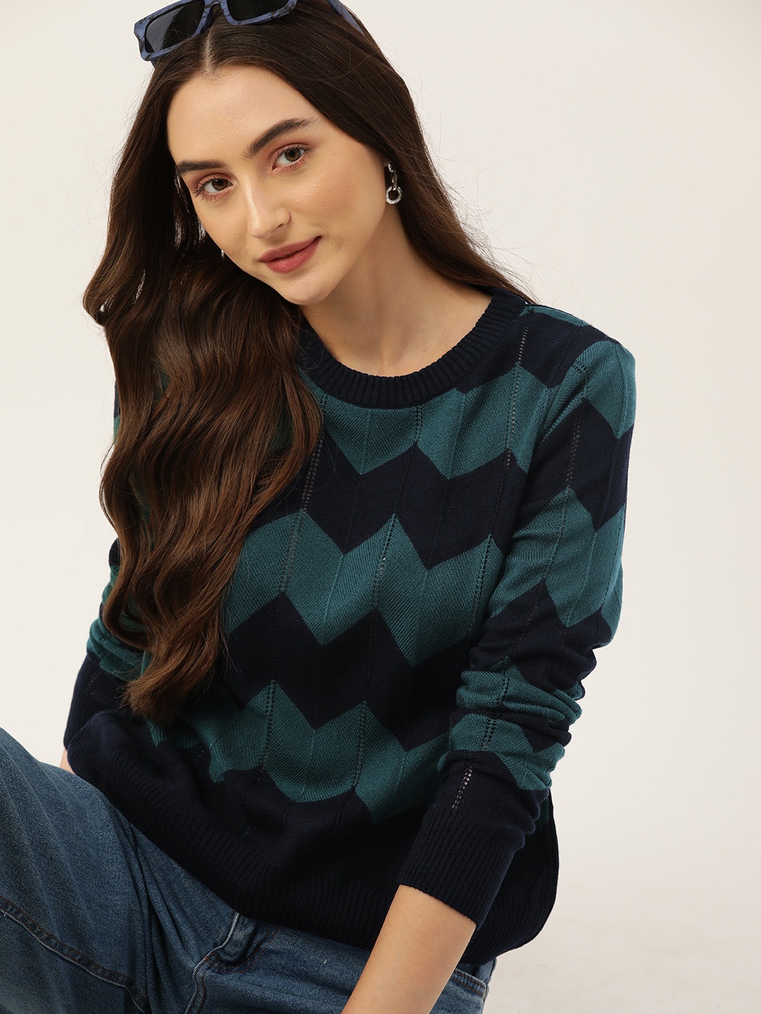 

DressBerry Chevron Printed Acrylic Pullover, Navy blue