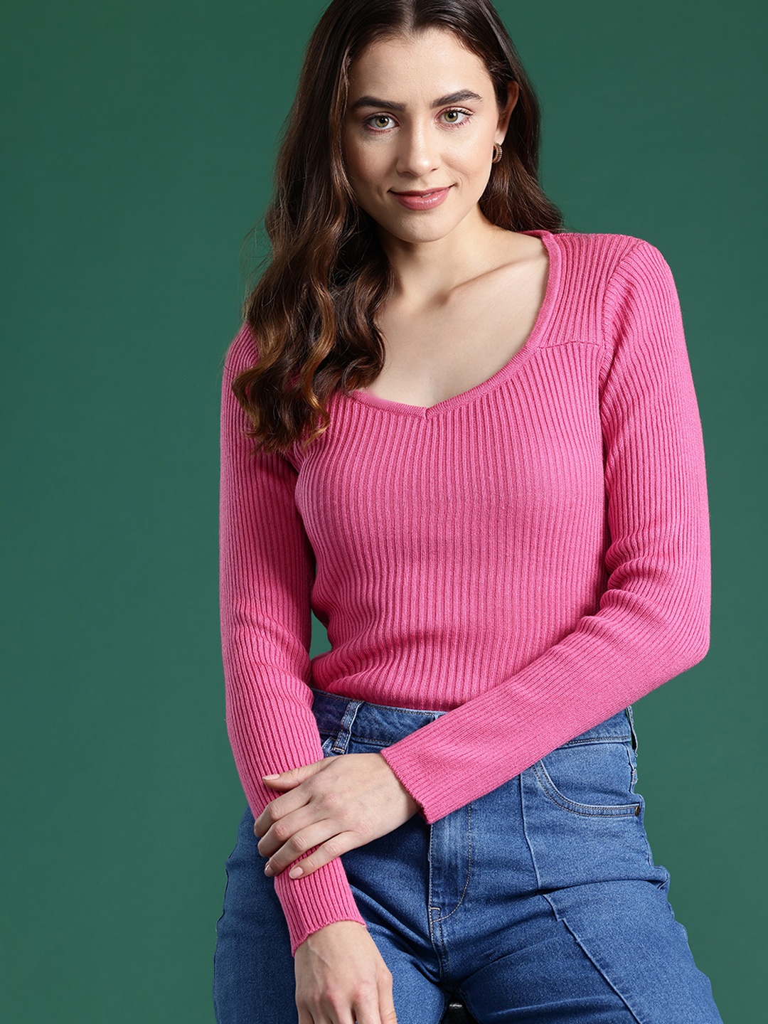 

DressBerry Scoop Neck Ribbed Pullover, Pink