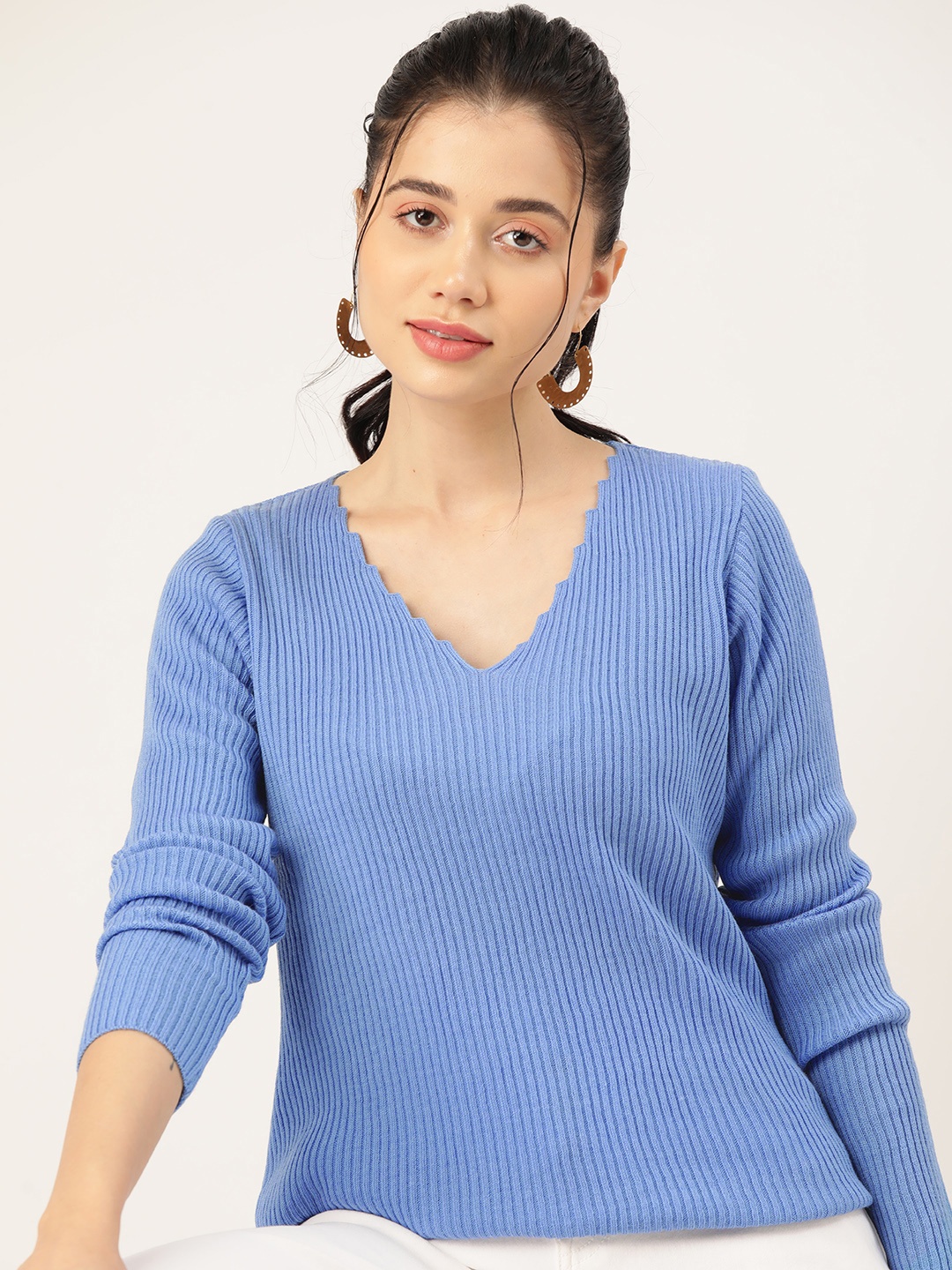 

DressBerry Women V-Neck Ribbed Pullover, Blue