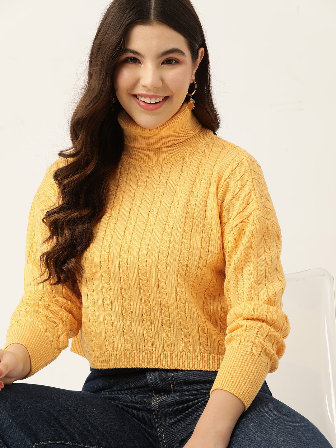 

DressBerry Cable Knit Crop Pullover, Yellow