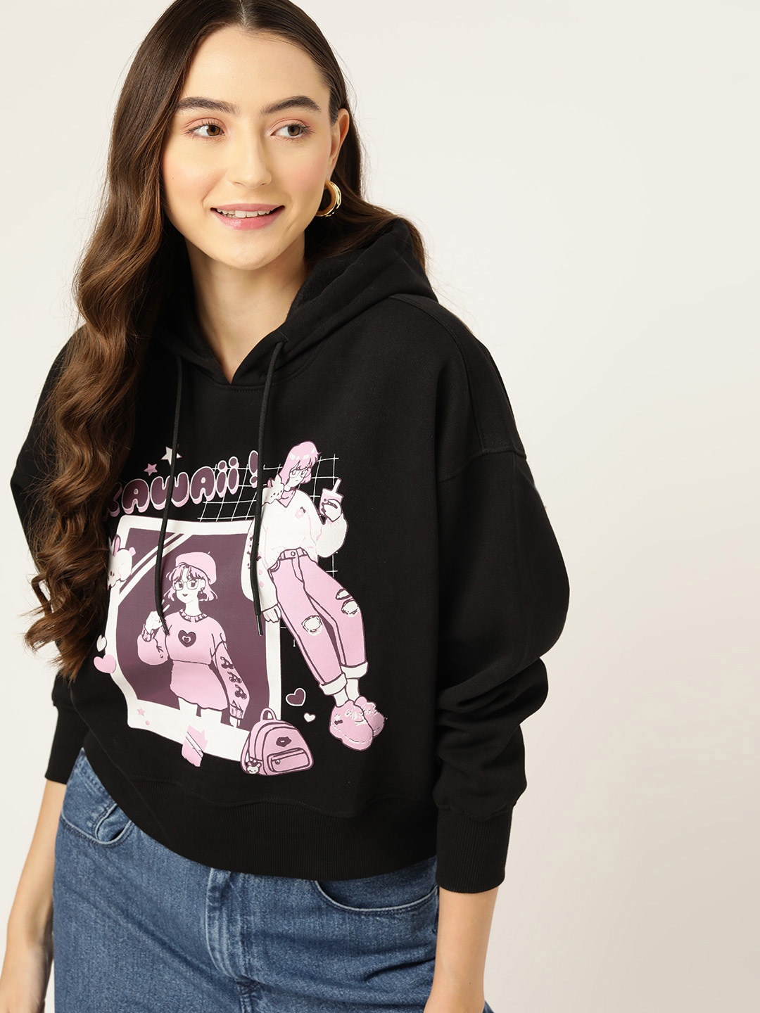 

DressBerry Kawaii Printed Drop-Shoulder Hooded Sweatshirt, Black