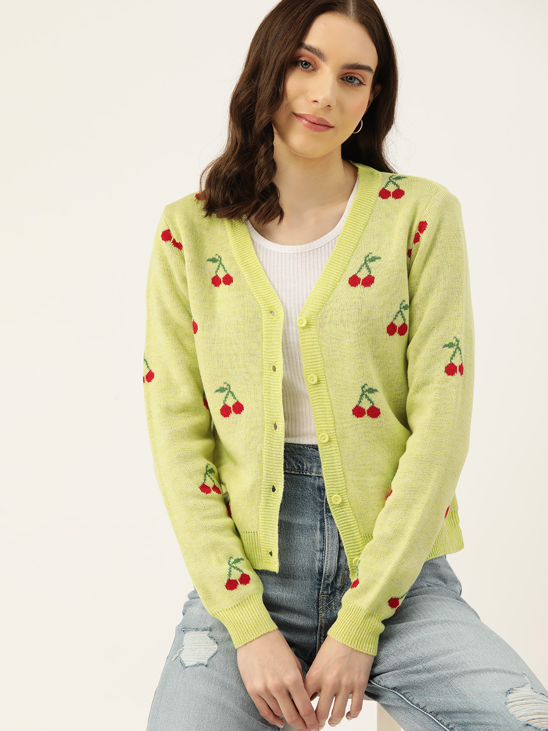 

DressBerry Pure Acrylic Self-Design Cardigan, Green