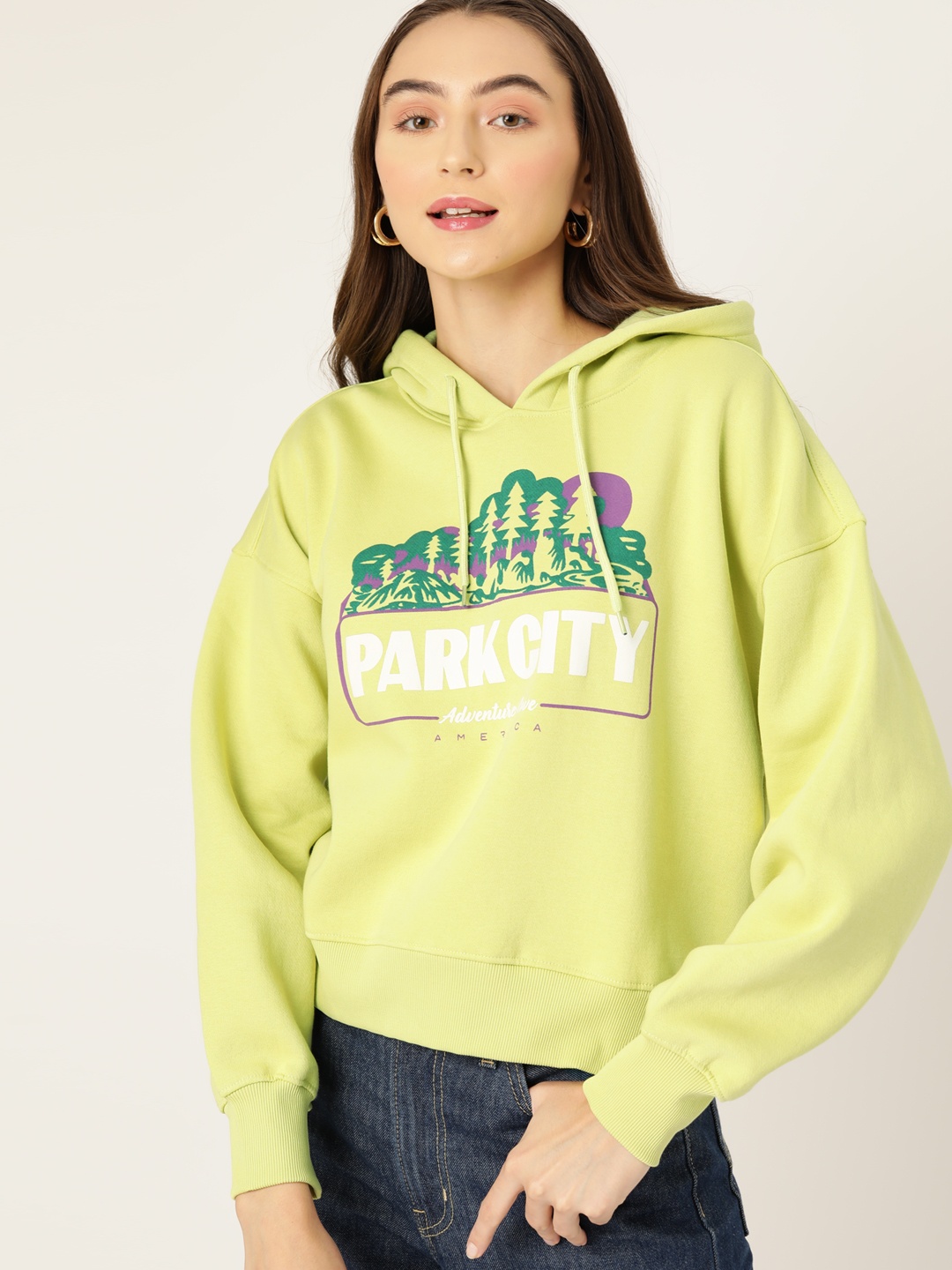 

DressBerry Printed Drop-Shoulder Hooded Sweatshirt, Lime green