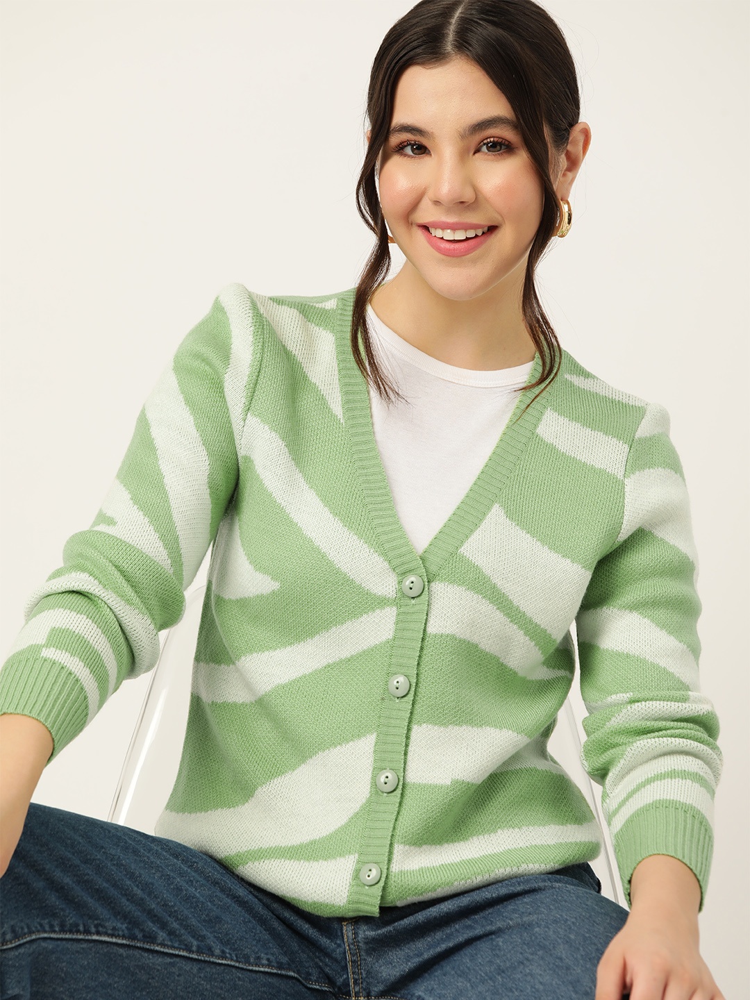 

DressBerry Abstract Pattern Acrylic Cardigan, Green