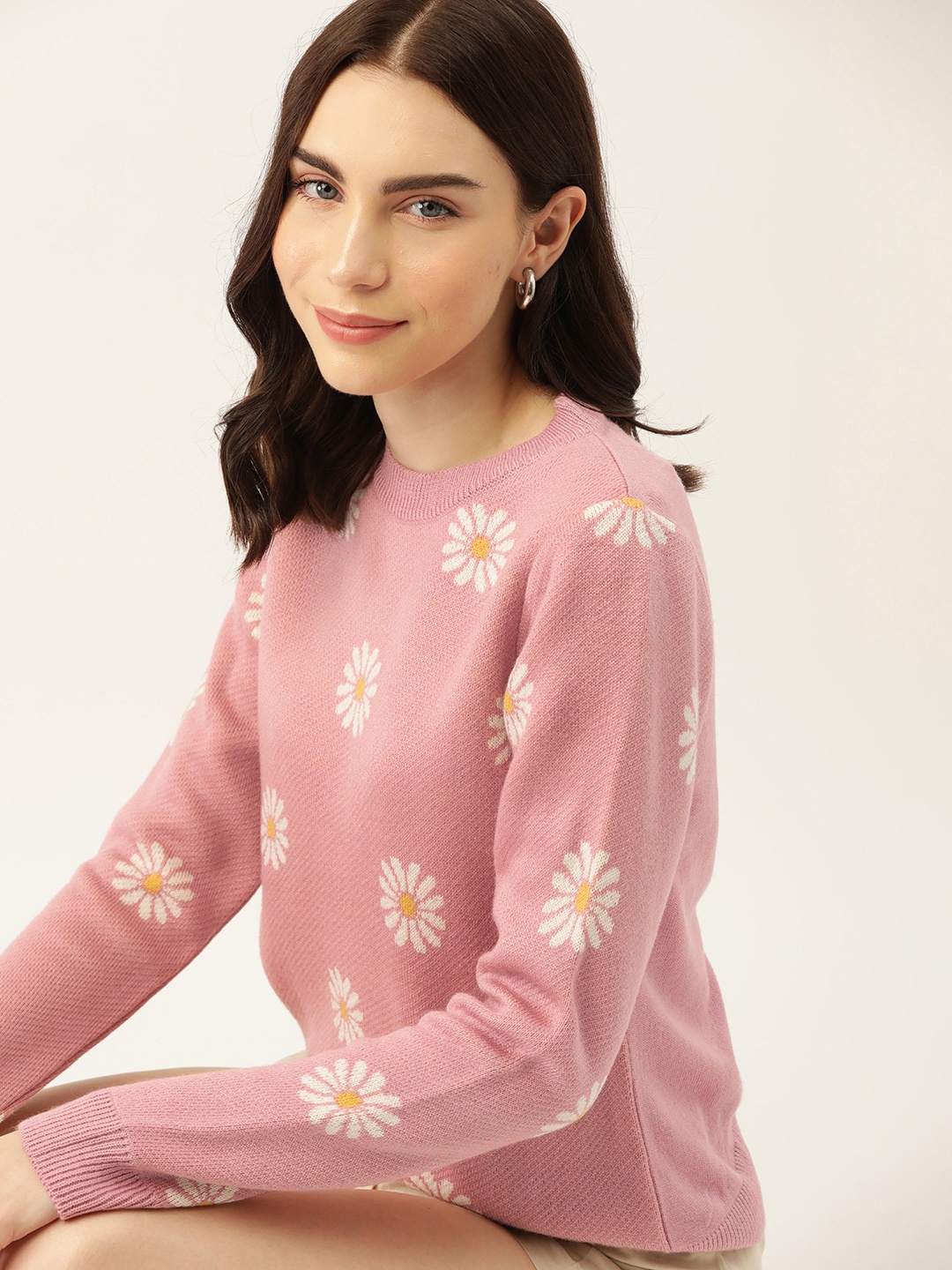 

DressBerry Acrylic Floral Pattern Pullover, Rose