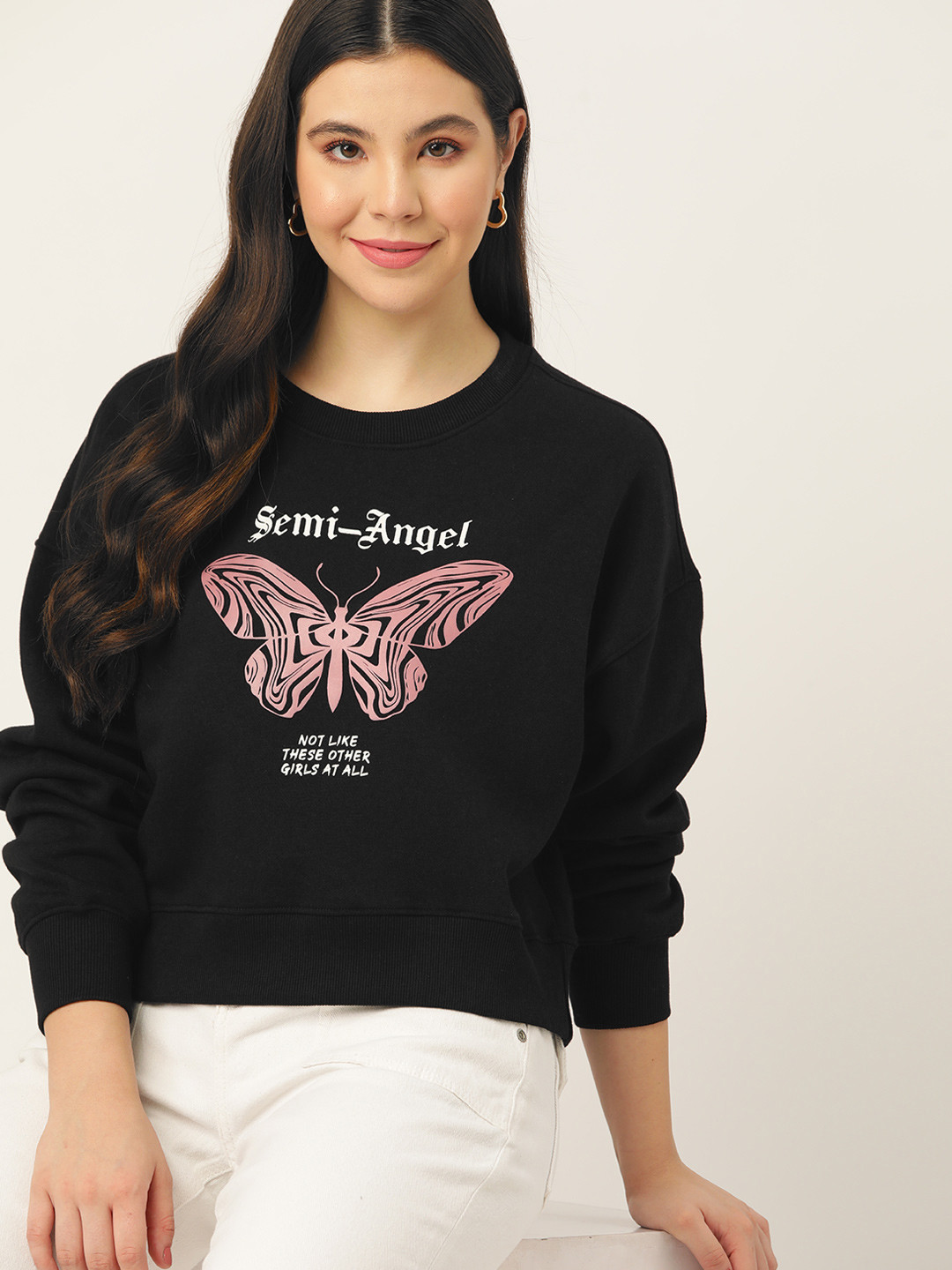 

DressBerry Printed Drop Shoulder Sleeves Sweatshirt, Black