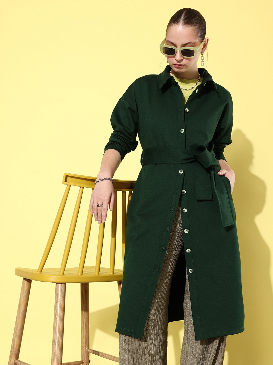 

4WRD by Dressberry Solid Knee Length Trench Coat Comes With A Belt, Olive