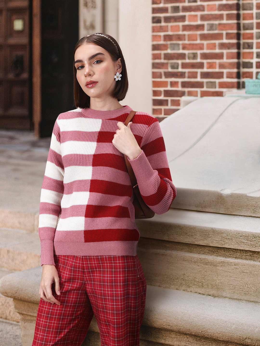 

DressBerry Acrylic Striped Pullover, Pink