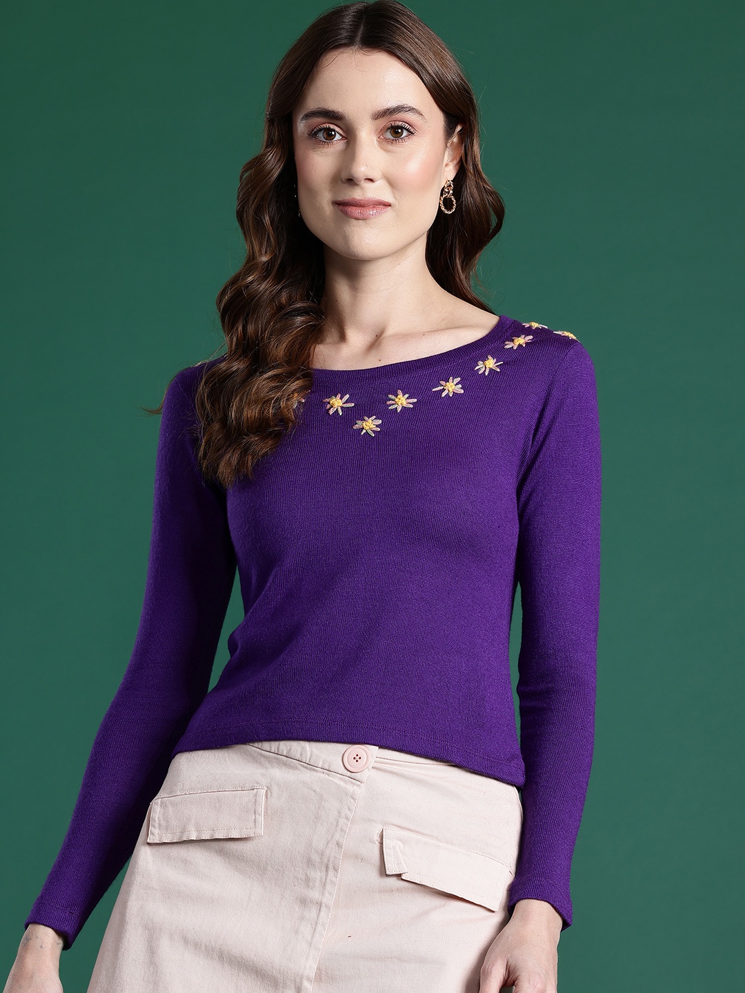 

DressBerry Embroidered Detail Pure Acrylic Pullover, Purple