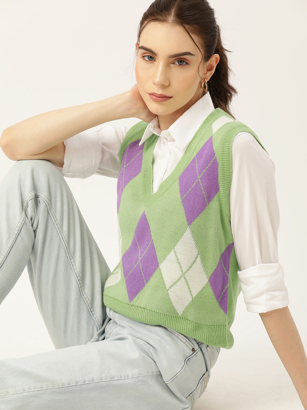 

DressBerry Women Acrylic Argyle Sweater Vest, Green