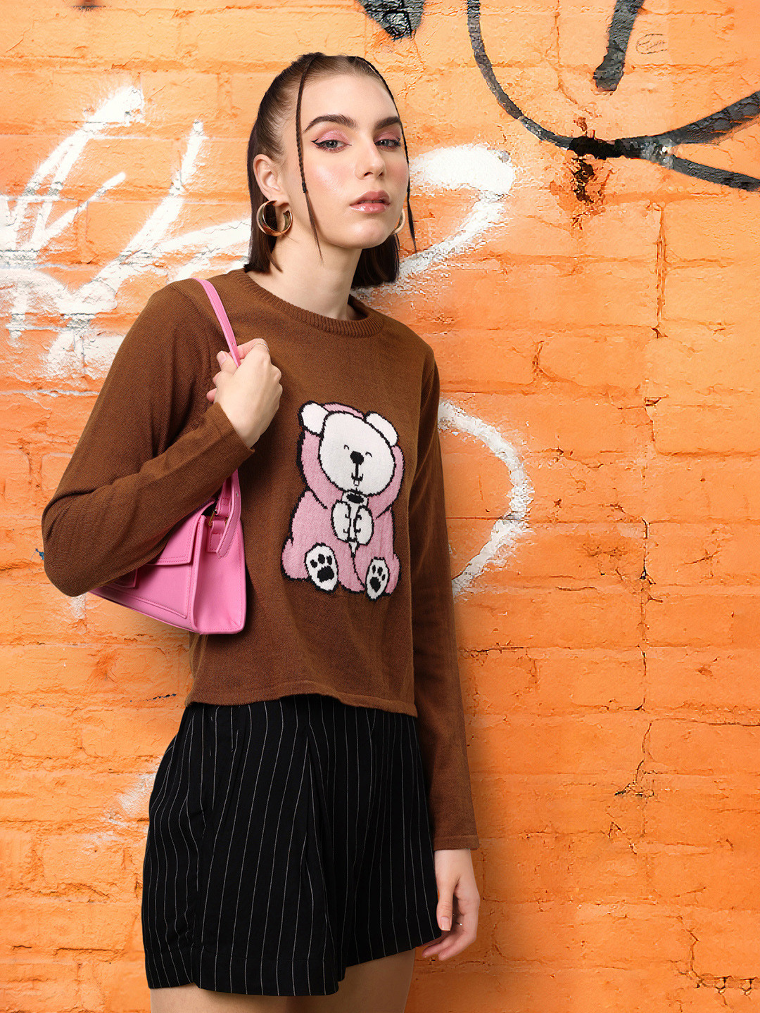 

4WRD by Dressberry Self Design Graphic Pullover, Brown