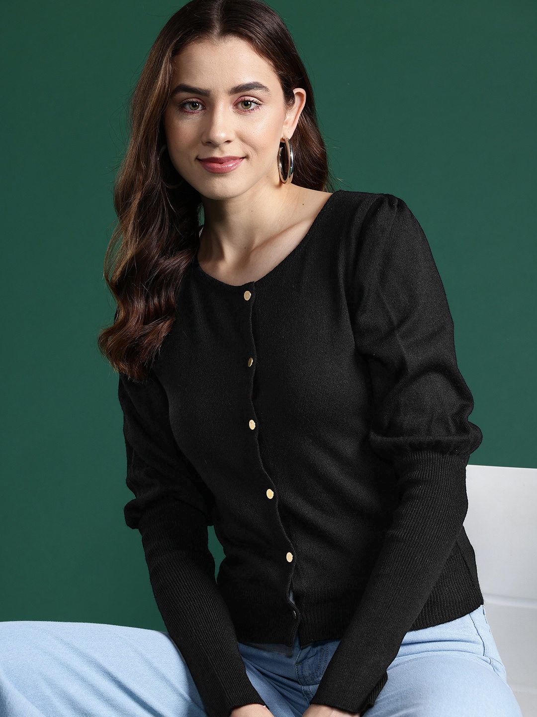 

DressBerry Solid Acrylic Cardigan, Black