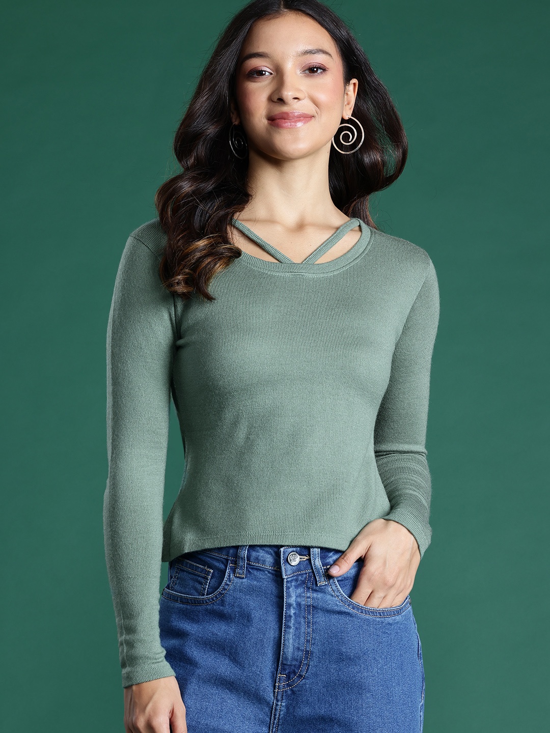 

DressBerry Round Neck Pullover, Green