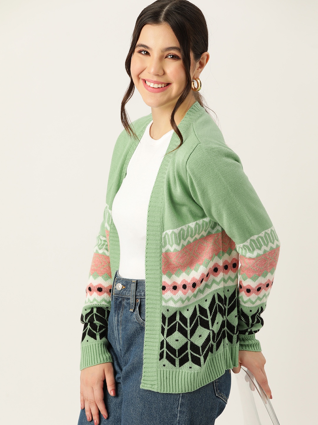 

DressBerry Fair Isle Front-Open Acrylic Sweater, Green