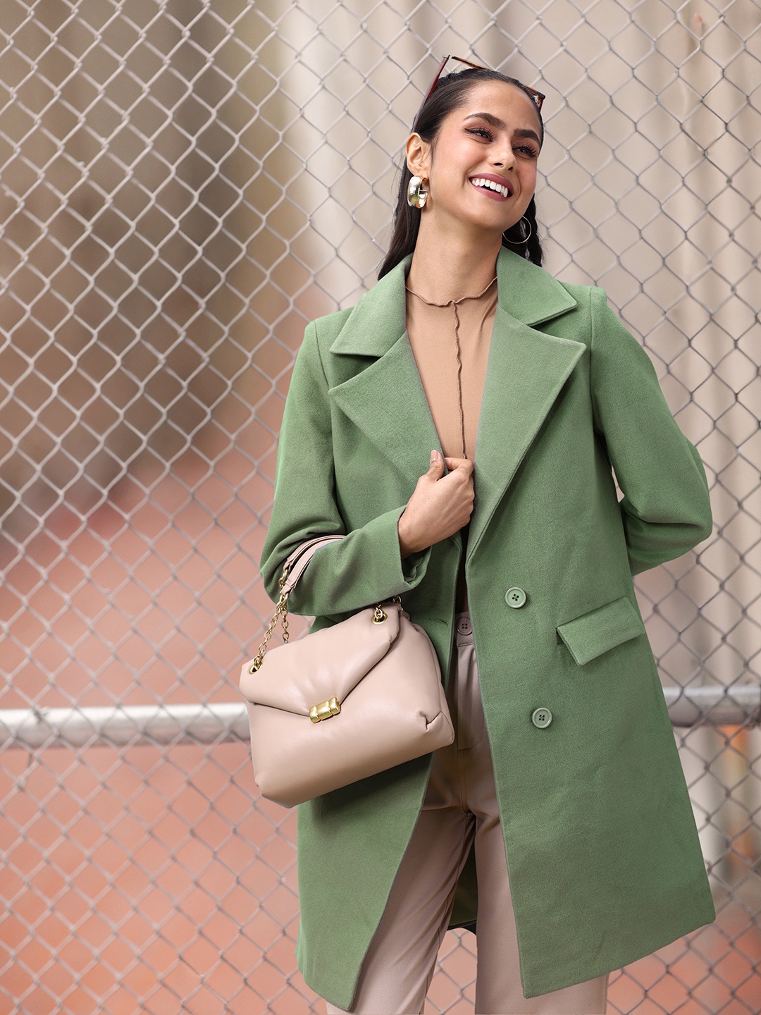 

4WRD by Dressberry Notched Lapel Collar Trench Coat, Green
