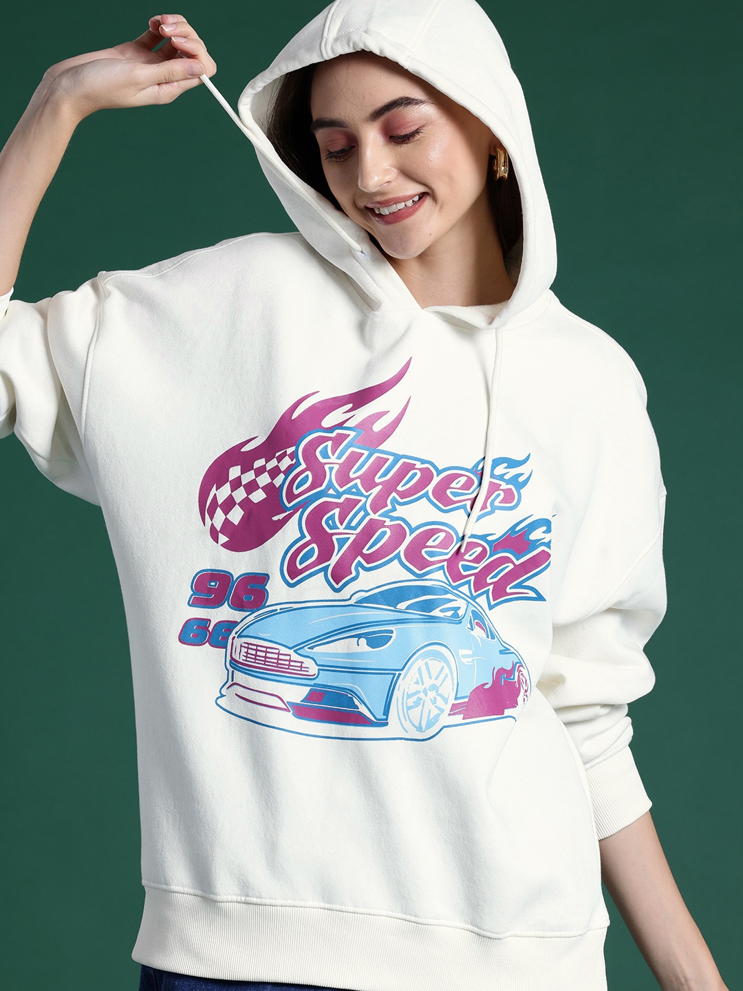 

DressBerry Graphic Printed Drop-Shoulder Sleeves Hooded Sweatshirt, Off white
