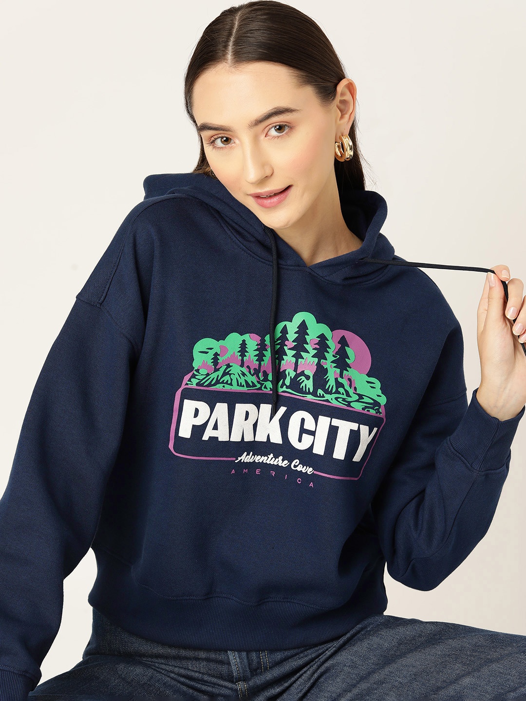 

DressBerry Printed Drop-Shoulder Hooded Sweatshirt, Navy blue