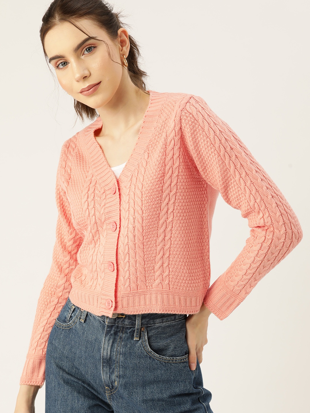 

DressBerry Women Acrylic Cable Knit Cardigan, Peach