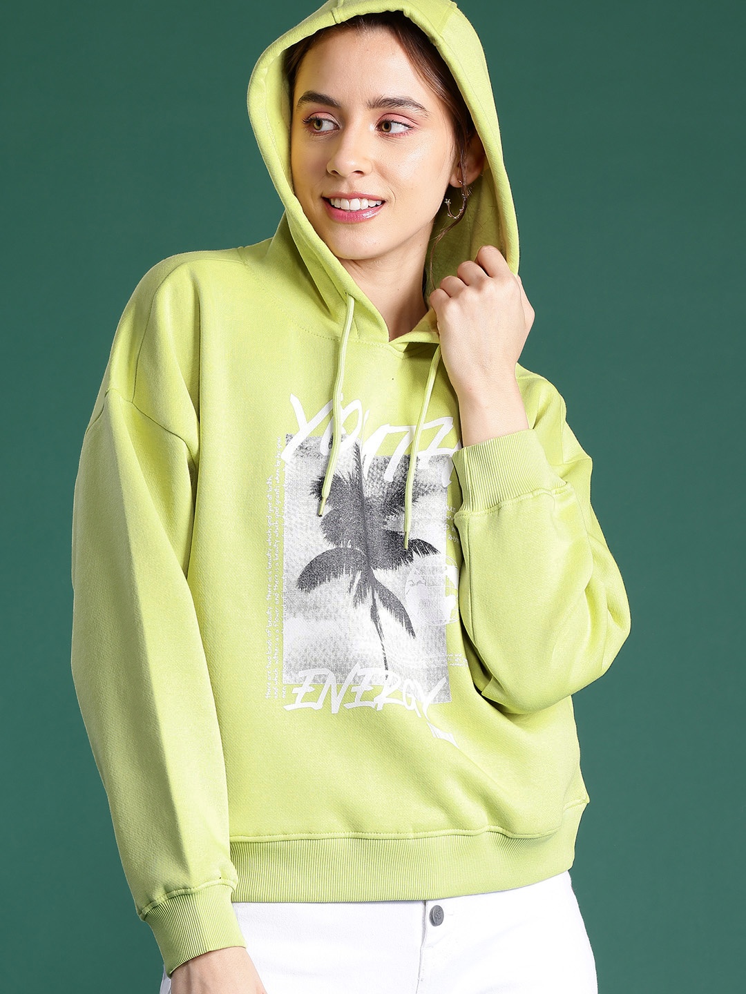 

DressBerry Women Printed Hooded Sweatshirt, Lime green