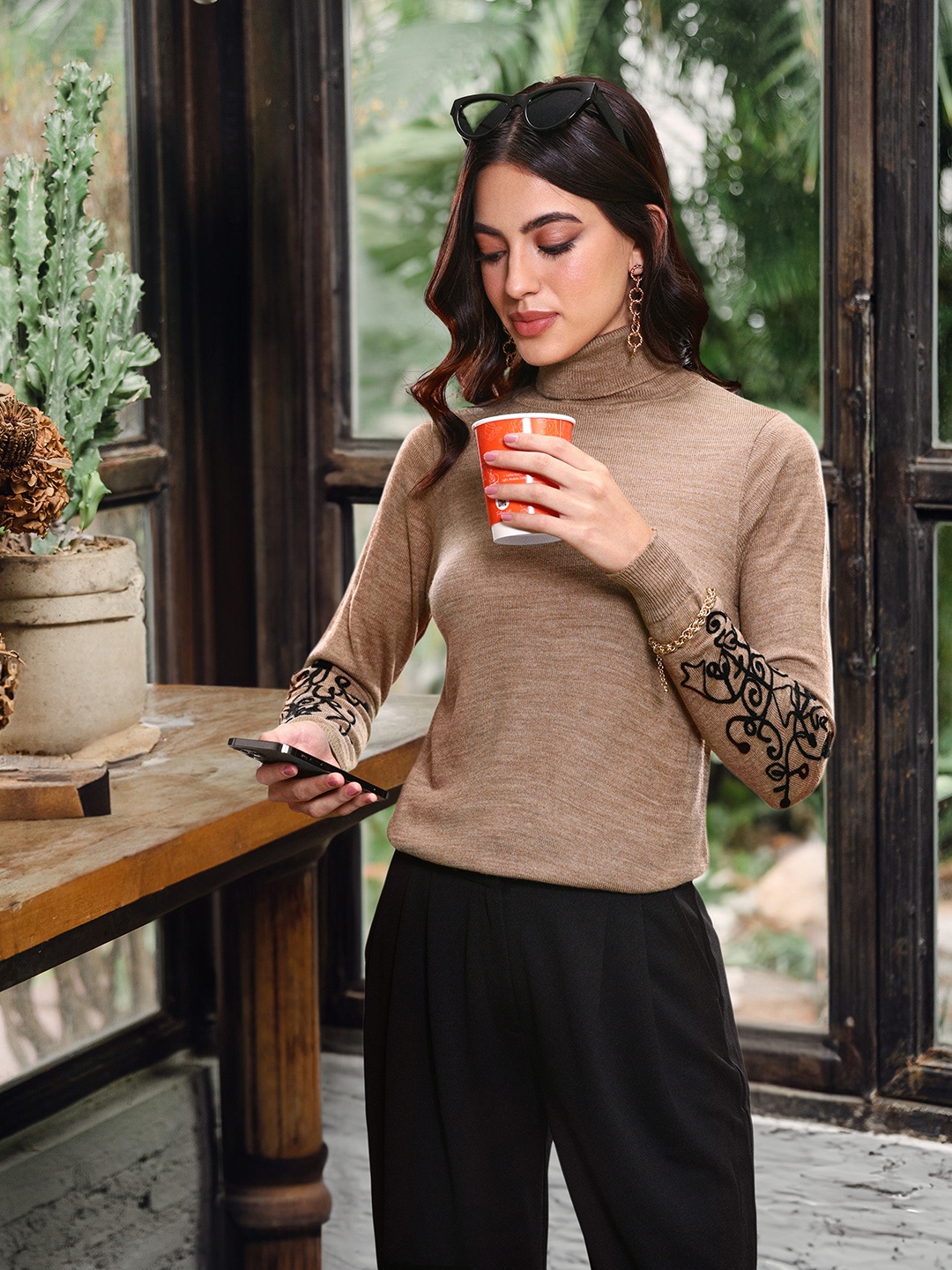 

DressBerry Turtle Neck Acrylic Pullover with Embroidered Detail, Beige