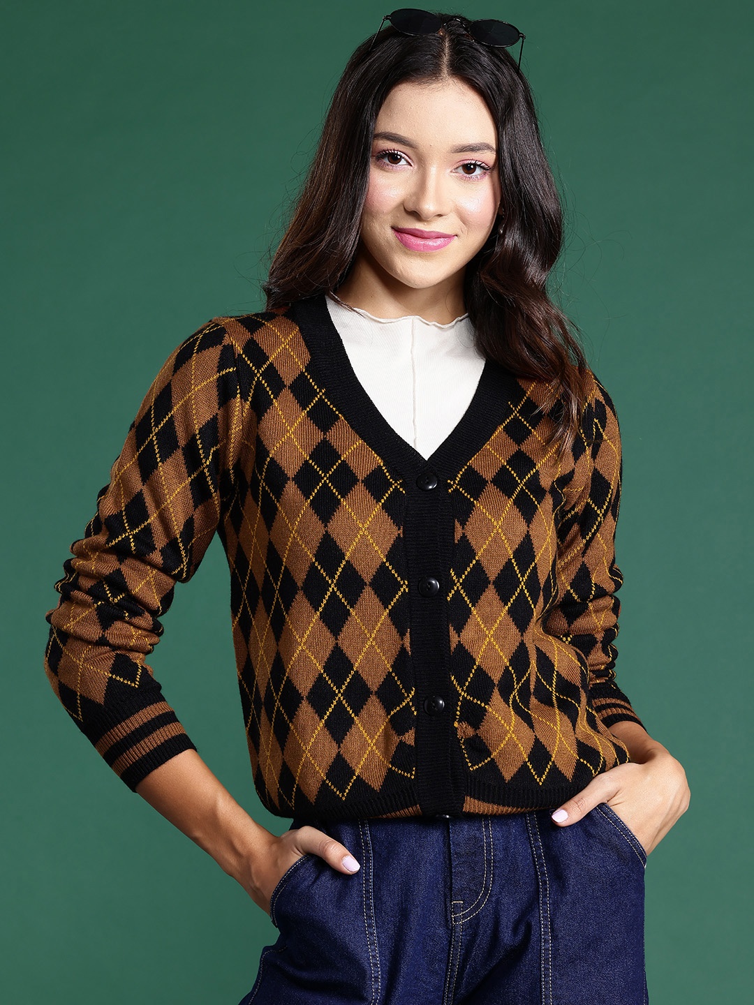

DressBerry Women Argyle Acrylic Cardigan, Black