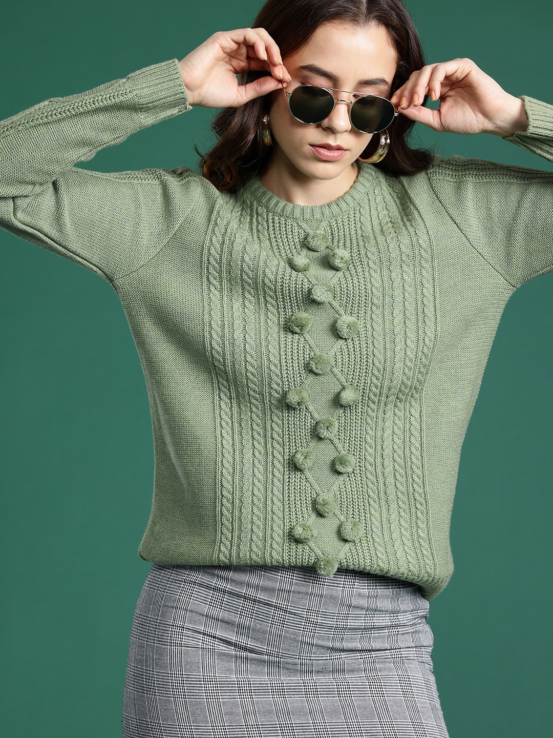 

DressBerry Cable Knit Corsage Detail Pullover, Green