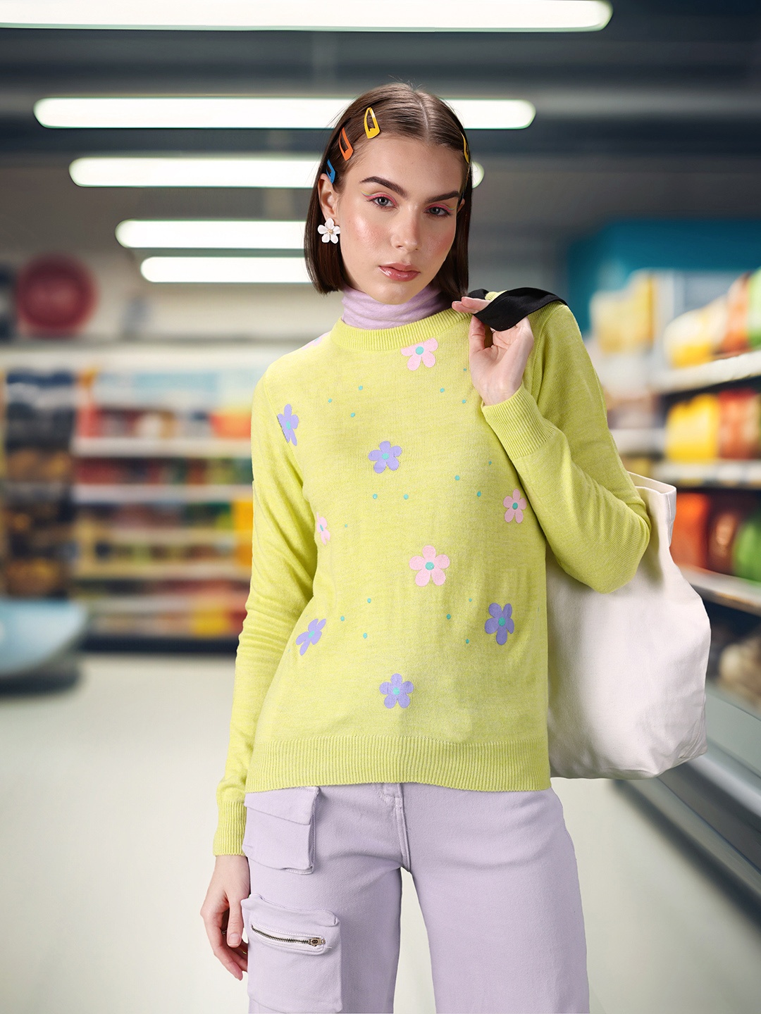 

DressBerry Floral Printed Acrylic Pullover, Lime green