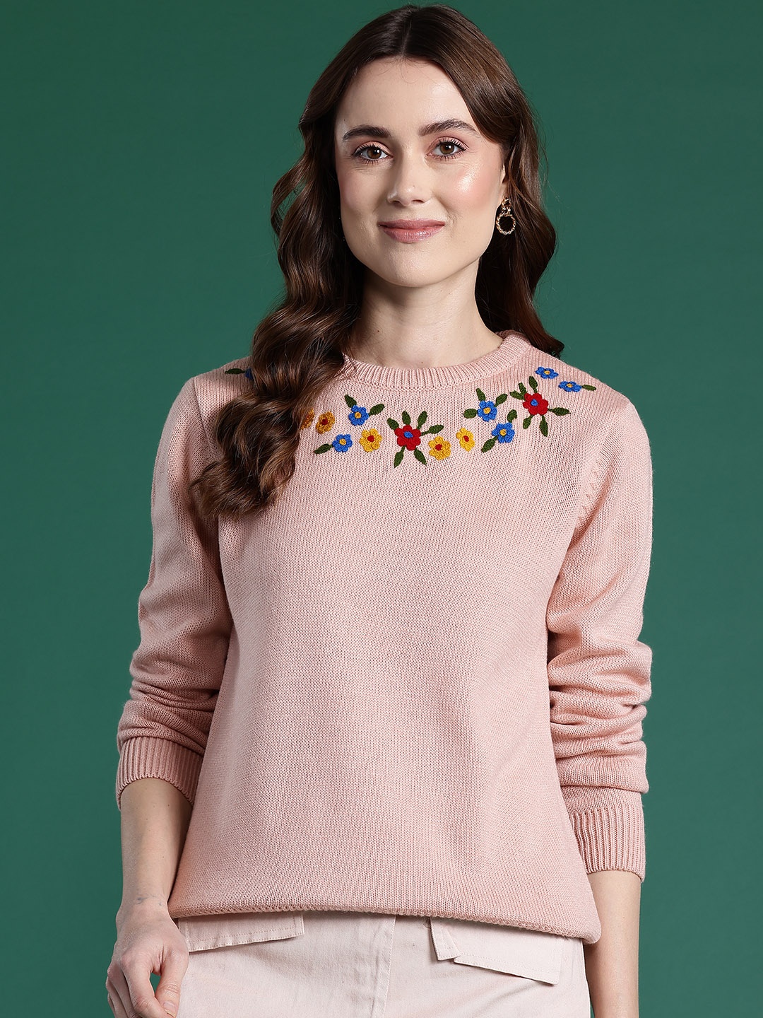 

DressBerry Embroidered Detail Pure Acrylic Pullover with Tie-Up, Peach