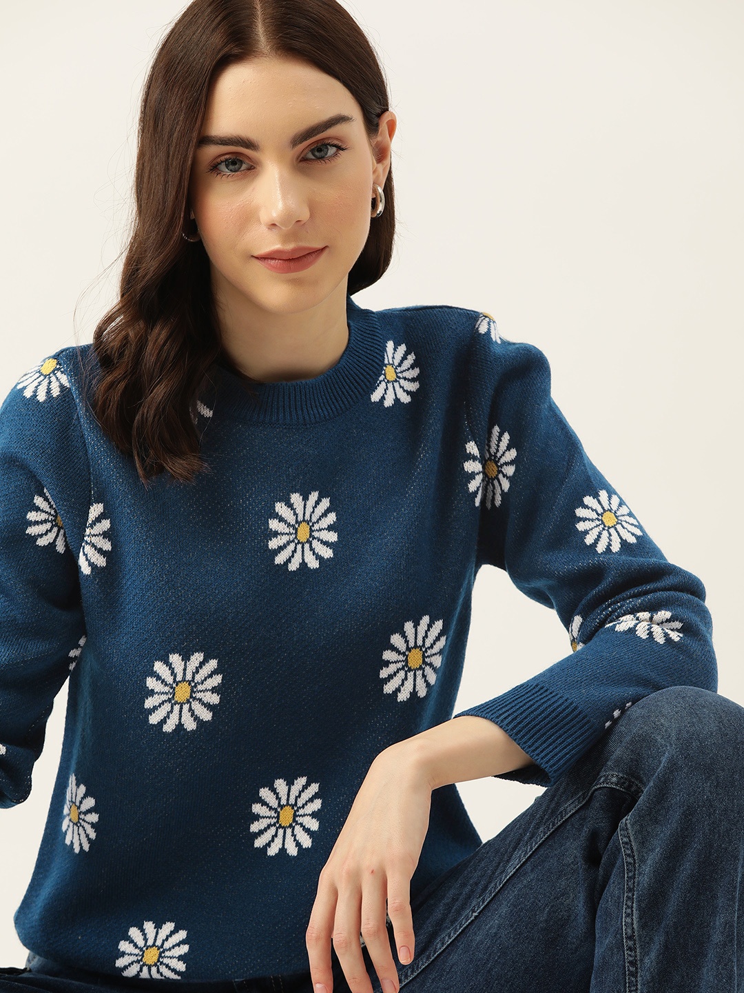 

DressBerry Acrylic Floral Pattern Pullover, Teal