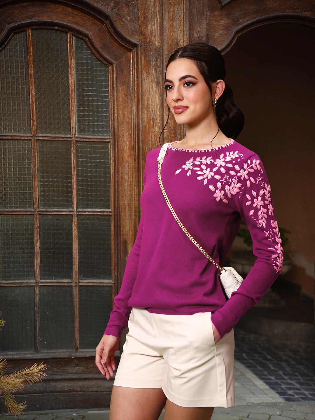 

DressBerry Floral Embroidered Acrylic Pullover, Purple