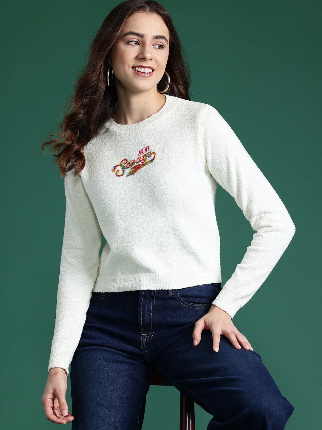 

DressBerry Acrylic Cropped Pullover with Embroidered Detail, Off white