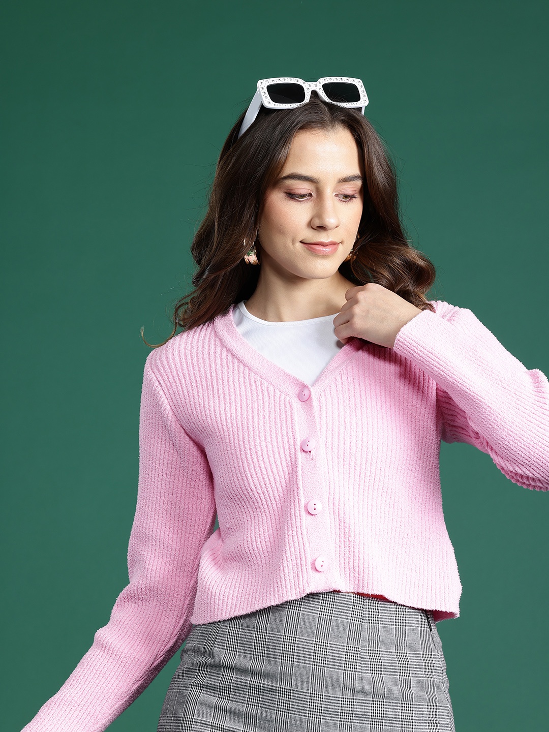 

DressBerry Self-Striped Crop Cardigan, Pink