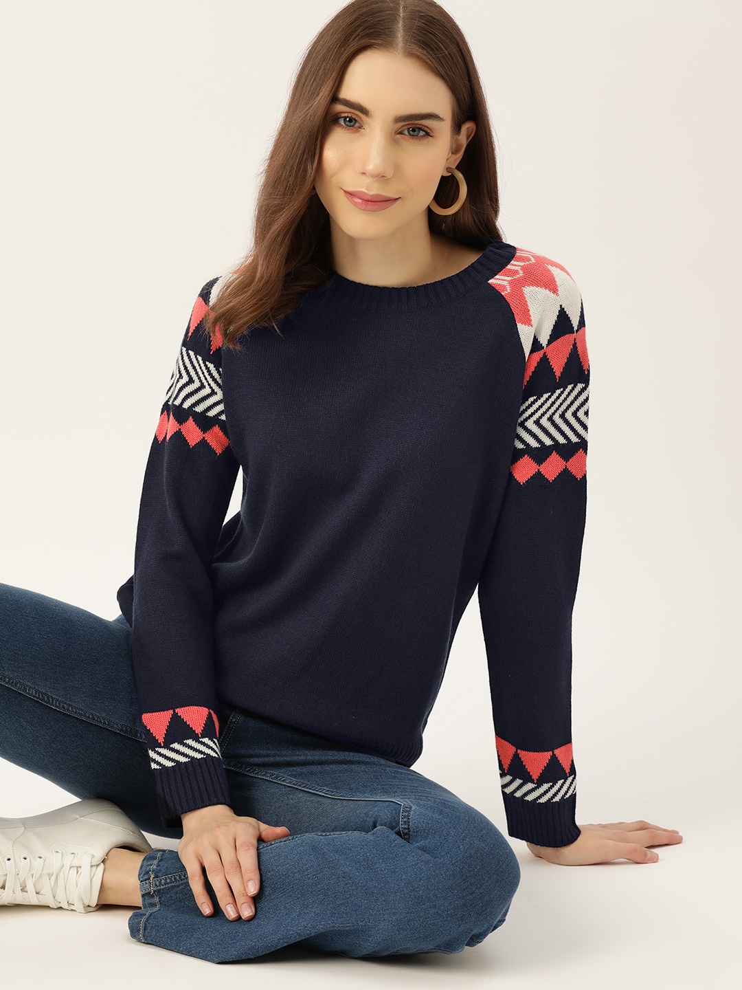 

DressBerry Fair Isle Sleeves Pullover, Navy blue