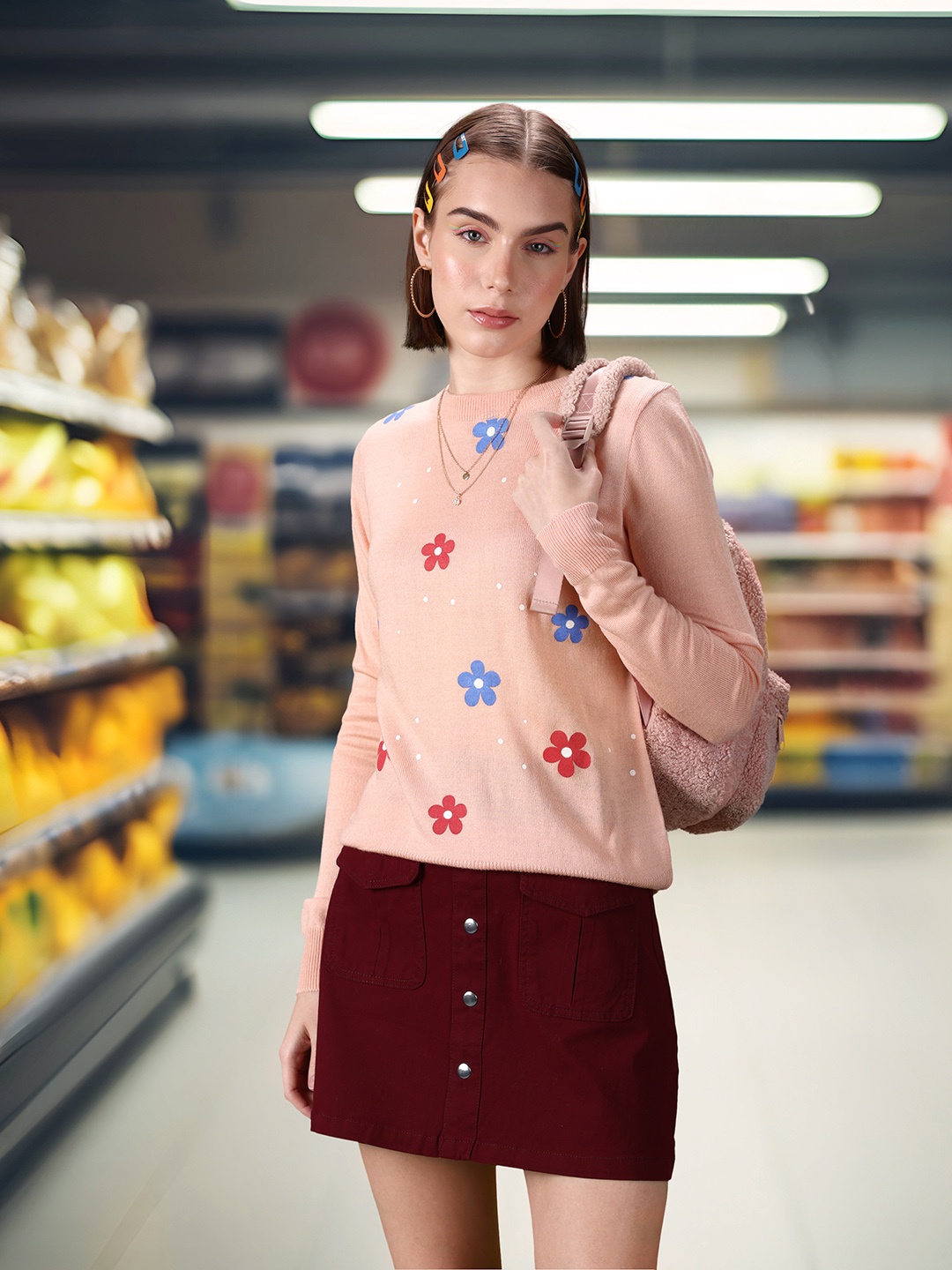 

DressBerry Floral Printed Acrylic Pullover, Peach