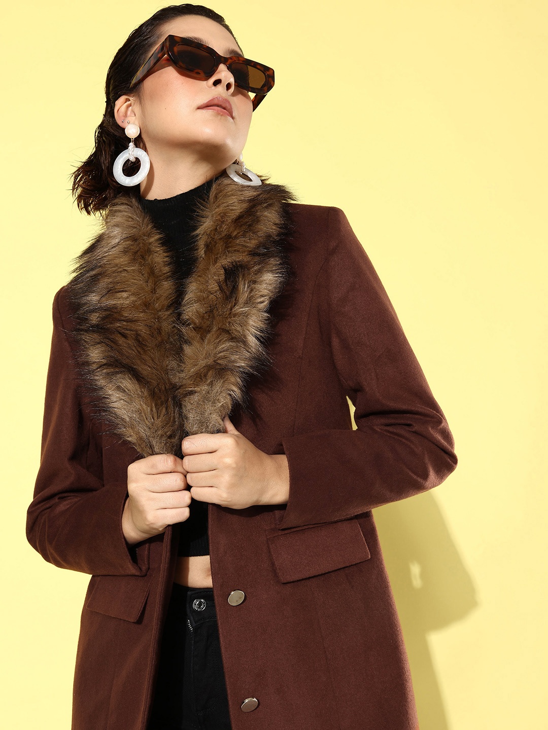 

4WRD by Dressberry Faux Fur Collar Over Coat, Brown