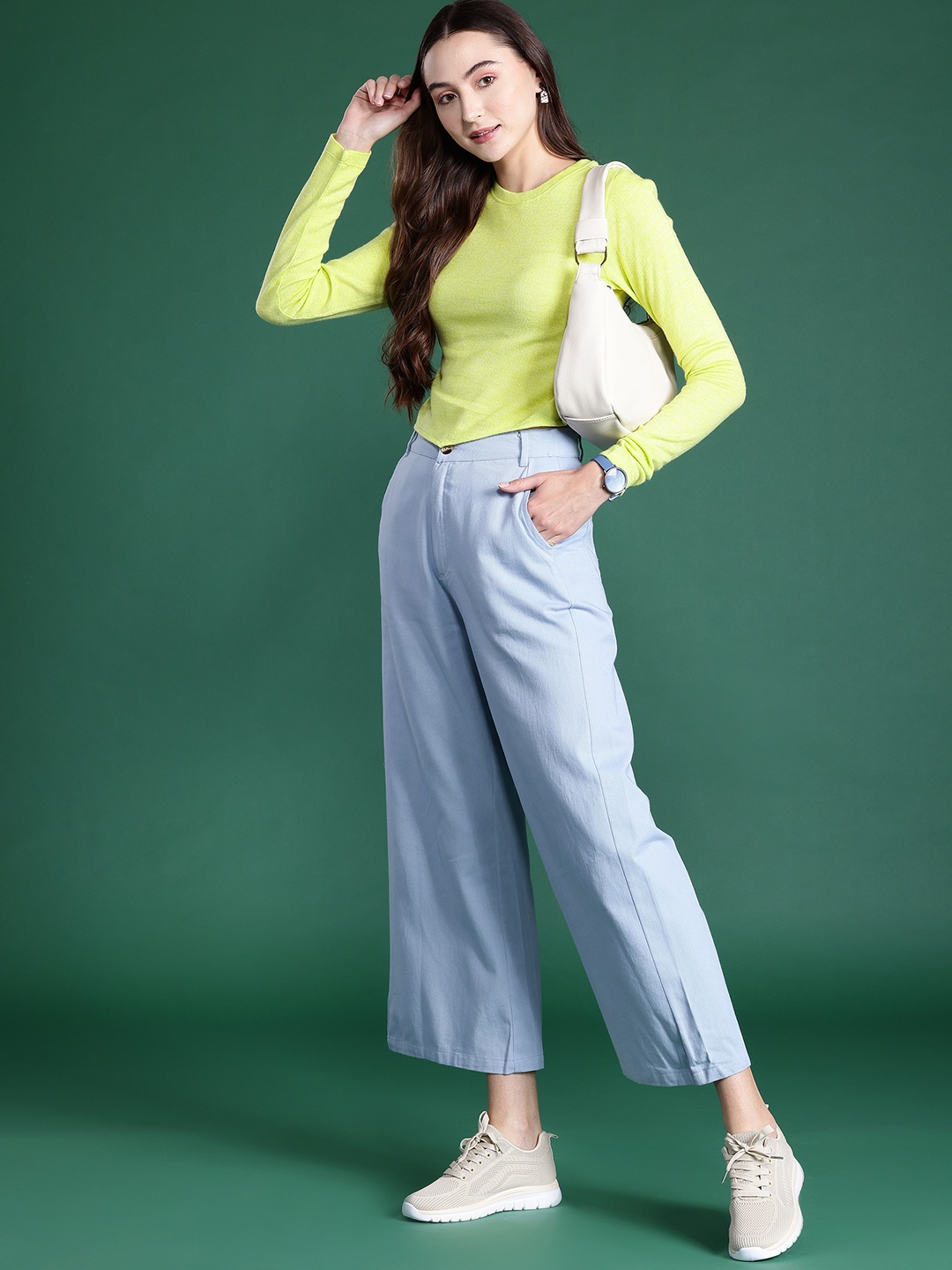 

DressBerry Solid Pointed Hem Acrylic Pullover, Lime green