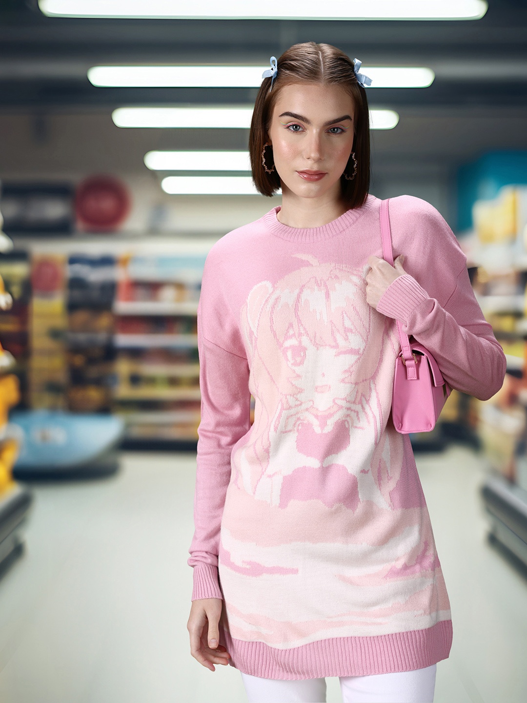 

DressBerry Acrylic Self Design Longline Pullover, Pink