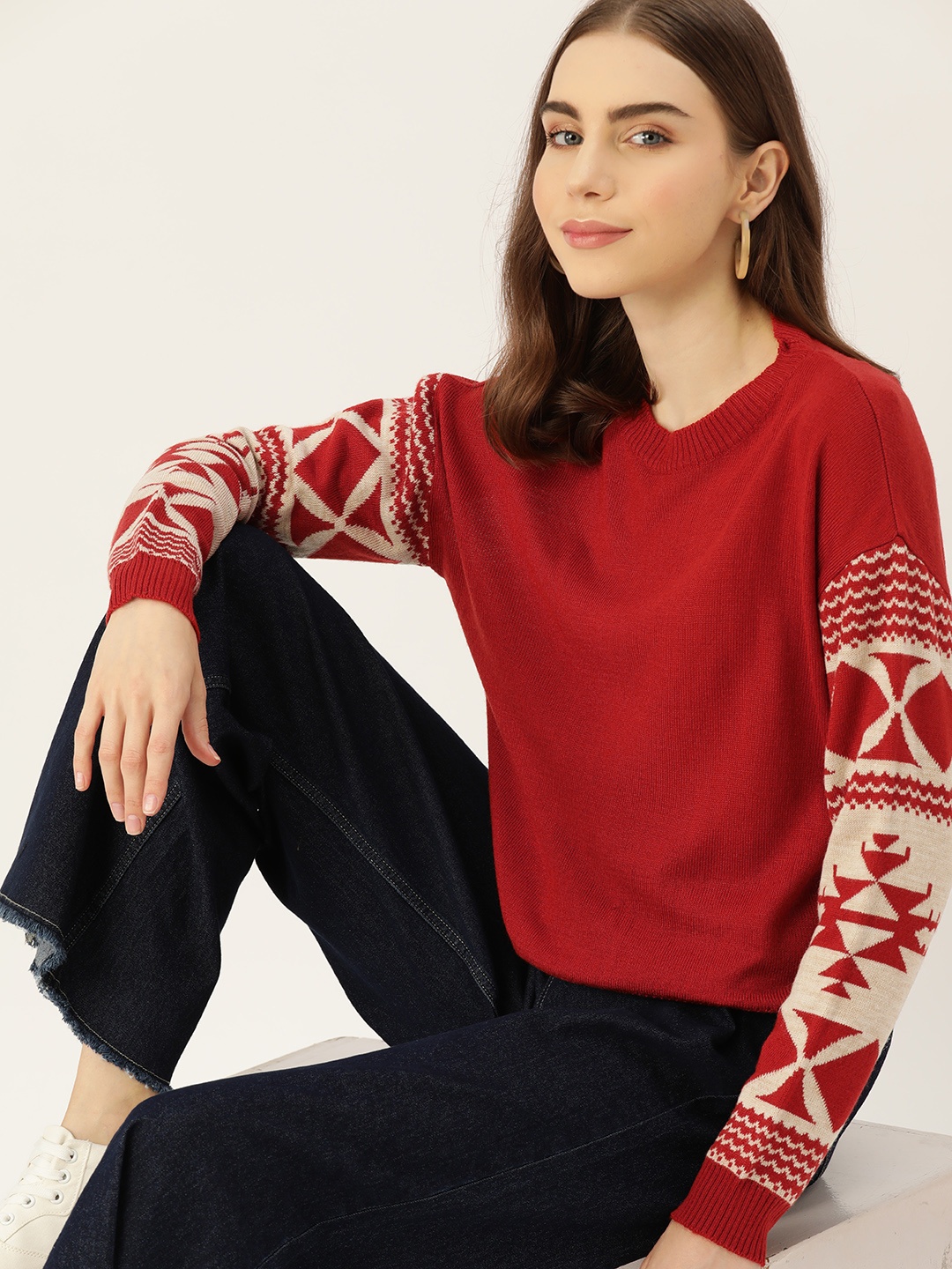 

DressBerry Fair Isle Sleeves Pullover, Rust