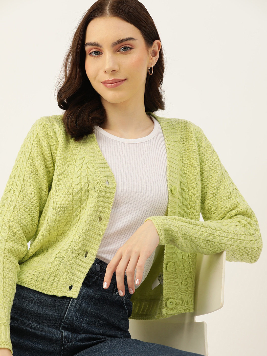 

DressBerry Pure Acrylic Cable Knit Cardigan, Lime green