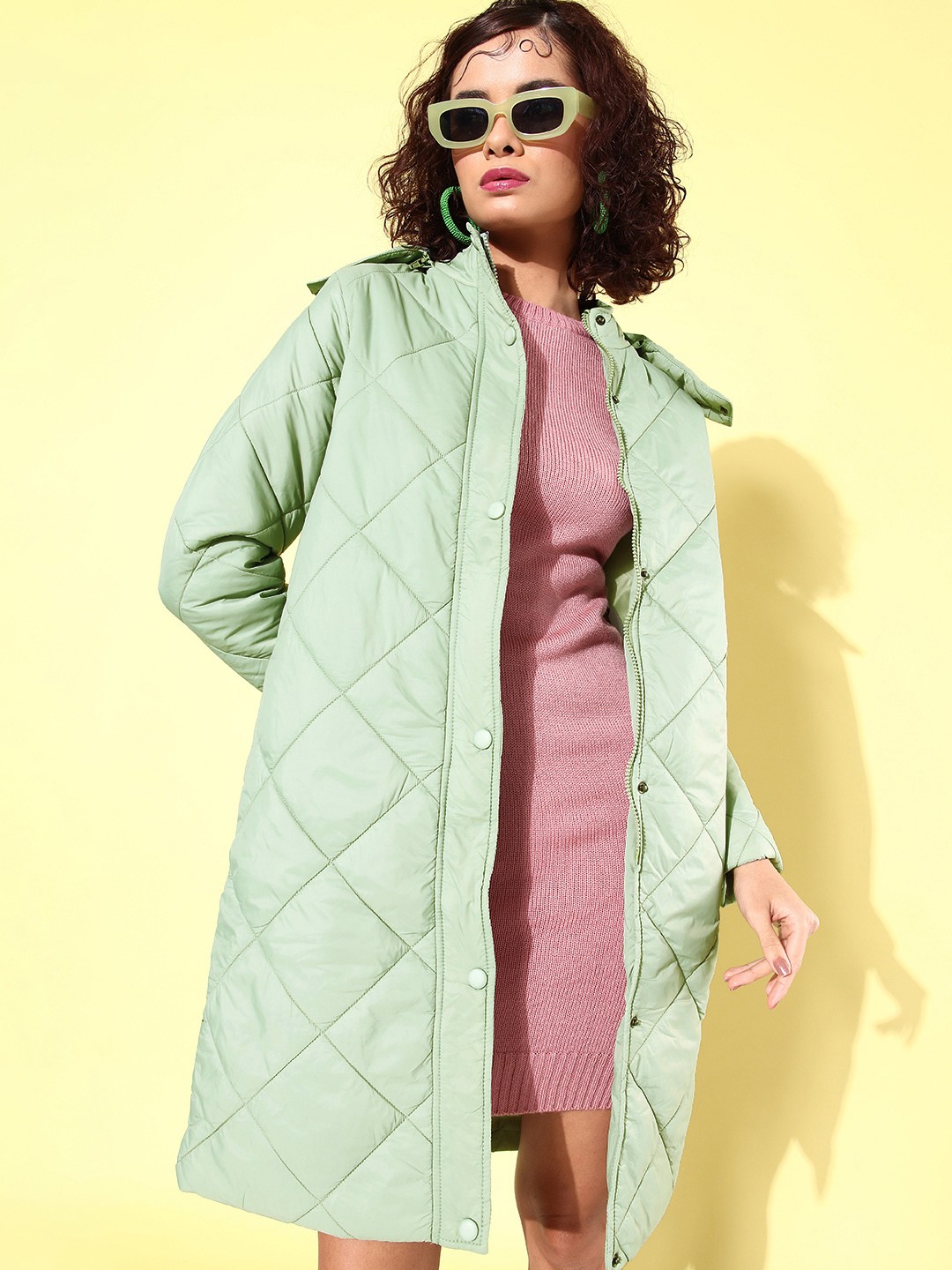 

4WRD by Dressberry Detachable Hood Longline Padded Jacket, Green