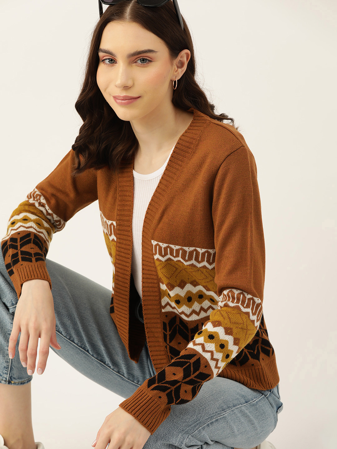 

DressBerry Pure Acrylic Self-Design Cardigan, Brown
