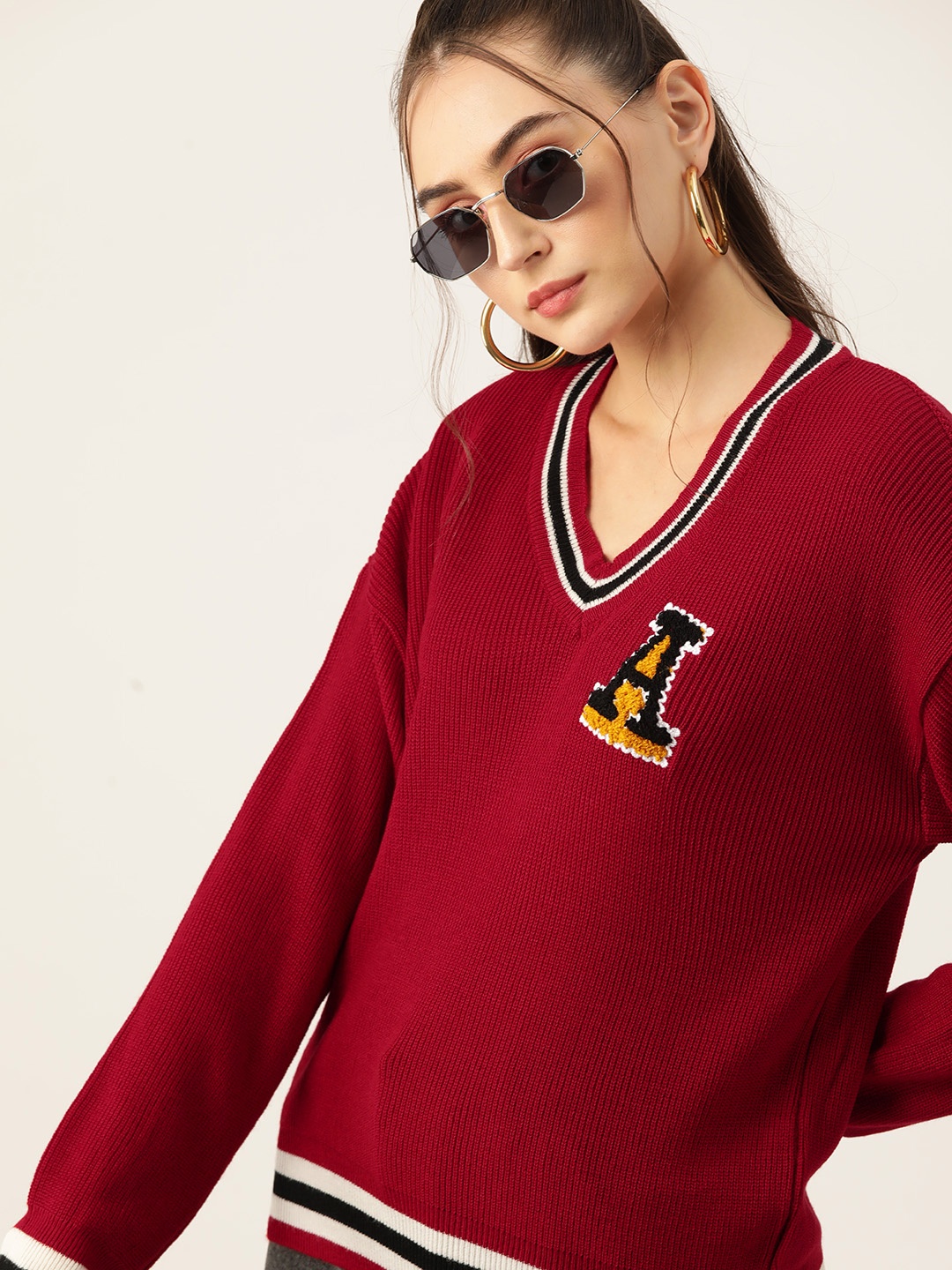 

DressBerry Acrylic Ribbed Applique Pullover, Red