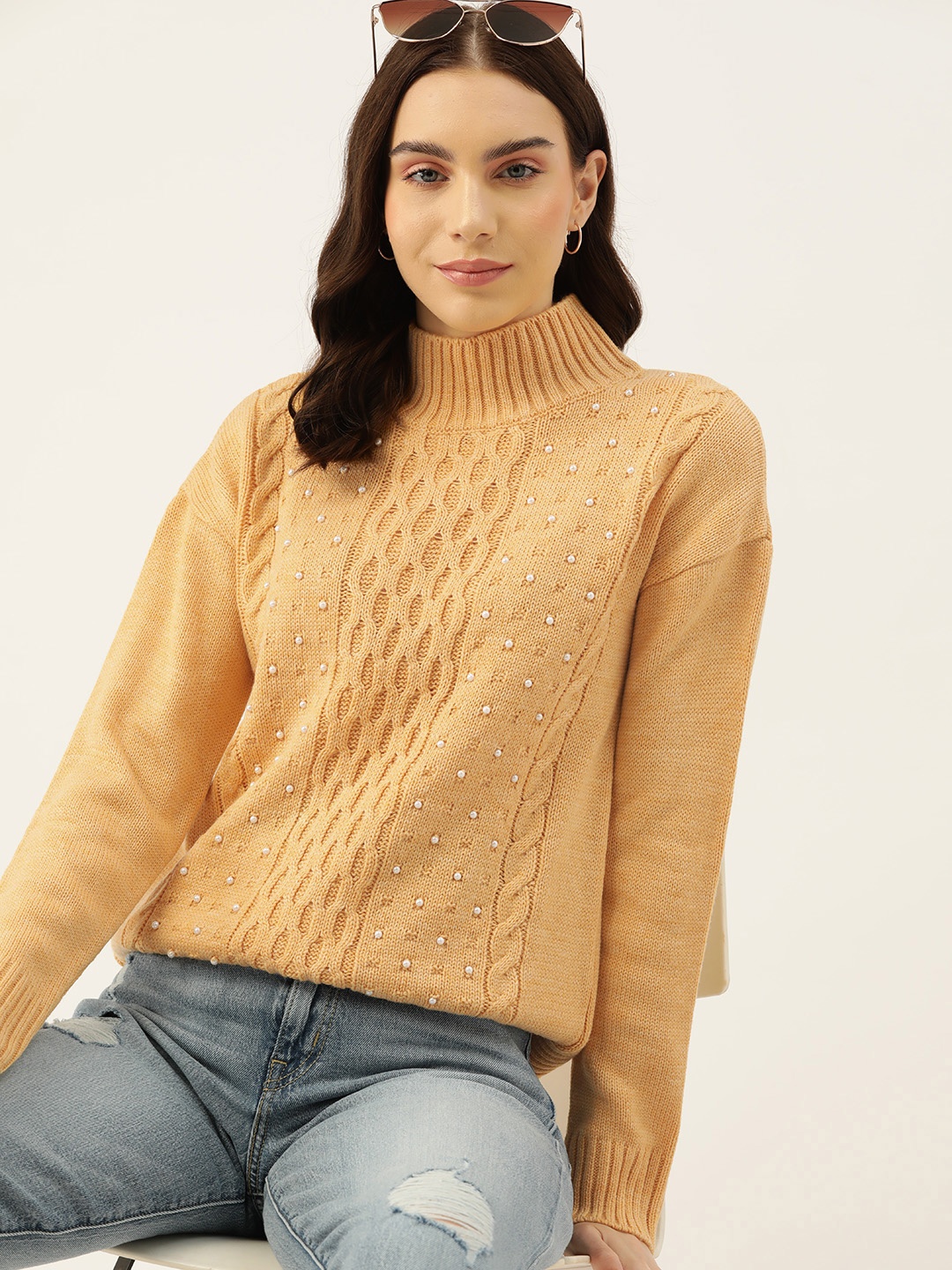 

DressBerry Pure Acrylic Beaded Cable Knit Pullover, Yellow