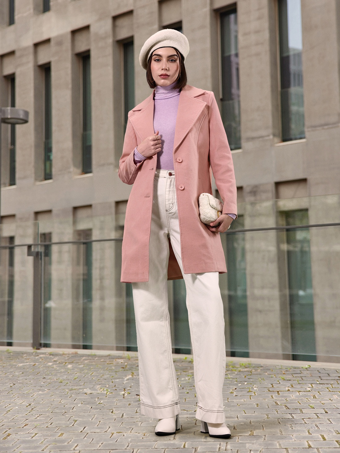

4WRD by Dressberry Solid Notched Lapel Collar Longline Pea Coat, Pink