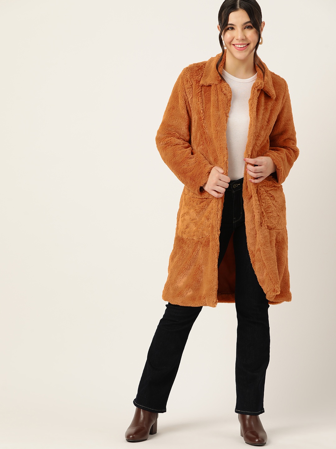 

DressBerry Regular Fit Single-Breasted Faux Fur Detail Knee Length Overcoat, Brown