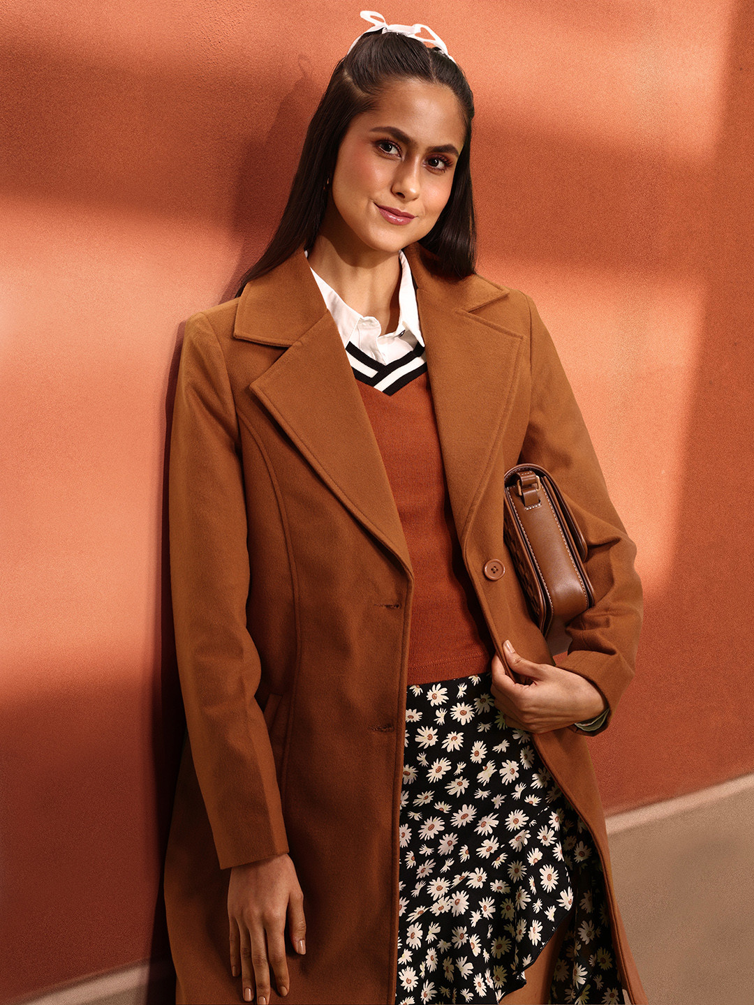 

4WRD by Dressberry Solid Notched Lapel Collar Longline Pea Coat, Brown