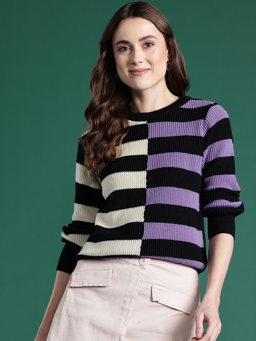

DressBerry Acrylic Striped Pullover, Black